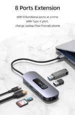 USAMS docking station US-SJ643, 8 θυρών, USB-C, 4K, 100W PD, LAN, γκρι - 6958444906454 - Image 2