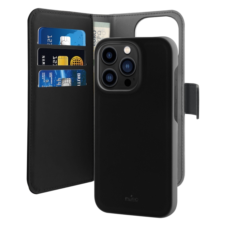 IPC14P61BOOKC3BLK Puro Eco-Leather Case for iPhone 14 Pro W/horiz.flip+3 Card Slot+Banknote Pocket+Magn Cover Black - Image 1