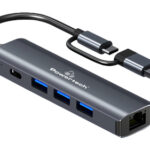 POWERTECH USB hub PTR-0150 με θύρα δικτύου, 4 θυρών, USB & USB-C, γκρι - 5210131087466