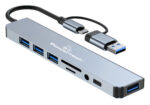 POWERTECH USB hub PTR-0151 με card reader, 8 θυρών, USB & USB-C, γκρι - 5210131087473