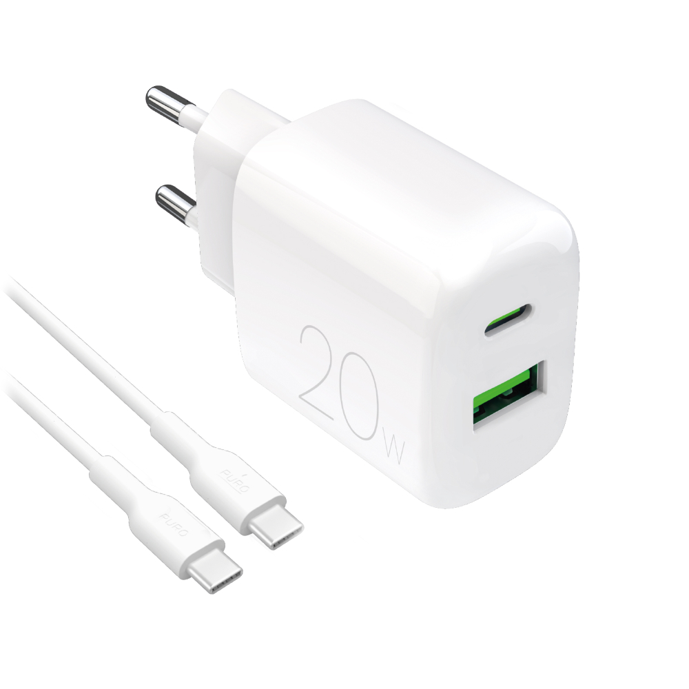 PUTCUSBAC20WDYKCCWHI_01 Puro Power Kit: Wall Charger PRO LITE 20W + Cable USB-C to USB-C, 1,2m, White - Image 1
