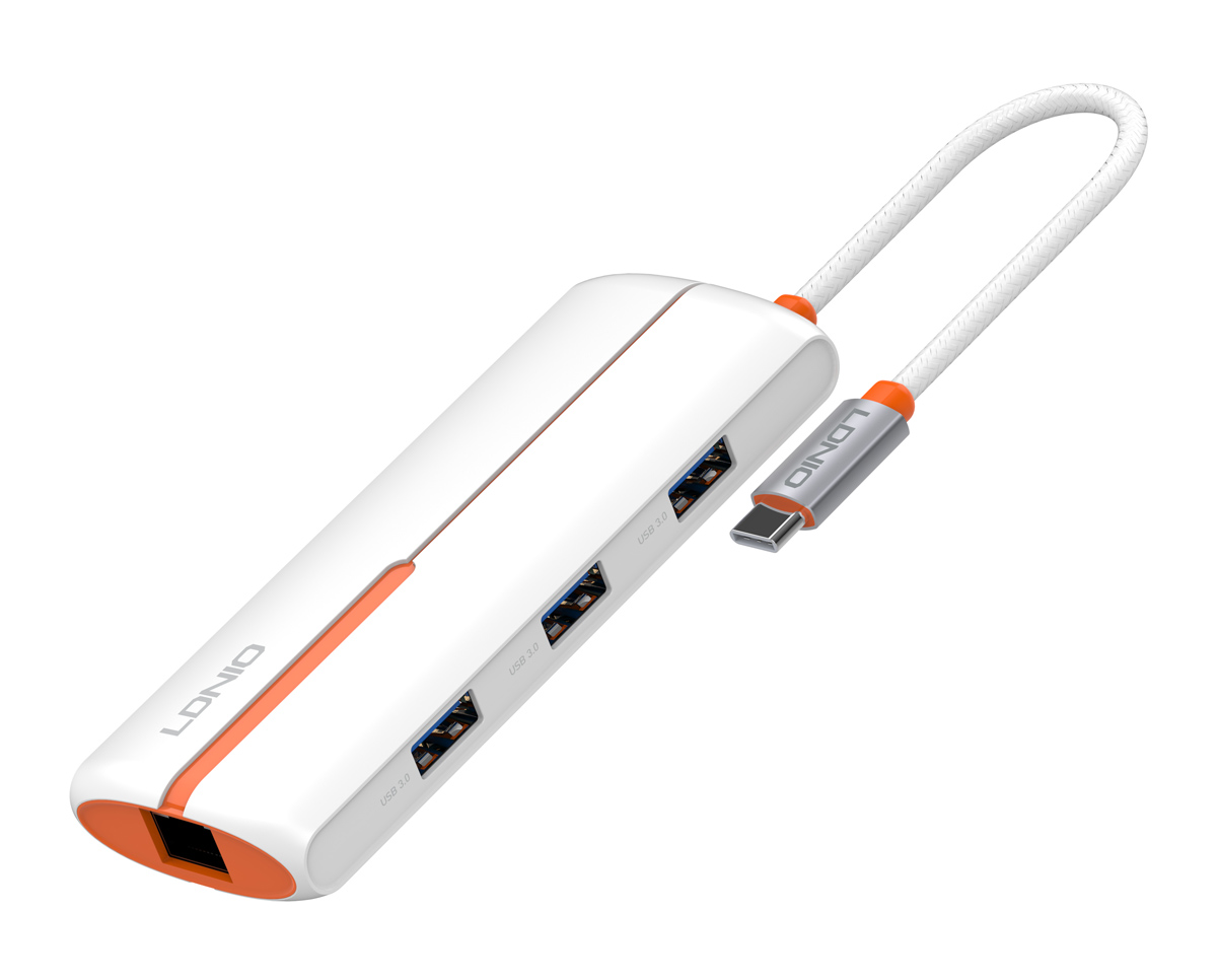 6933138601754 LDNIO USB hub DS-26U με θύρα δικτύου, 6 θυρών, USB-C σύνδεση, 100W PD, λευκό - 6933138601754 - Image 1