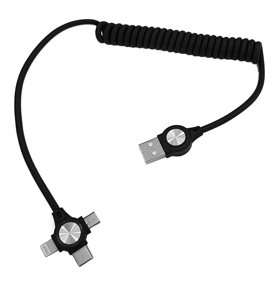 CAB-U114 POWERTECH καλώδιο USB σε 3 in 1 CAB-U114, 12W, σπιράλ, έως 1m, μαύρο - 5210131006184 - Image 1