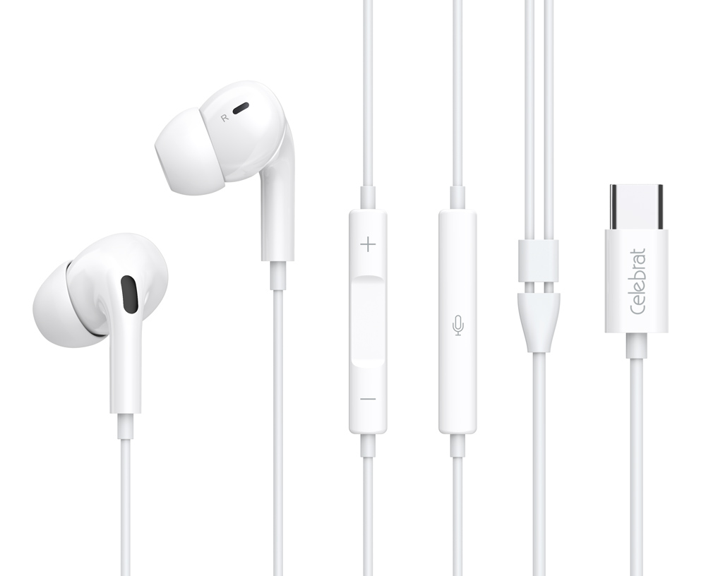 E300-WH CELEBRAT earphones με μικρόφωνο E300, USB-C σύνδεση, Φ10mm, 1.2m, λευκά - 6925146951440 - Image 1