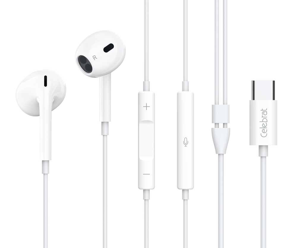 E400-WH CELEBRAT earphones με μικρόφωνο E400, USB-C σύνδεση, Φ14mm, 1.2m, λευκά - 6925146951457 - Image 1