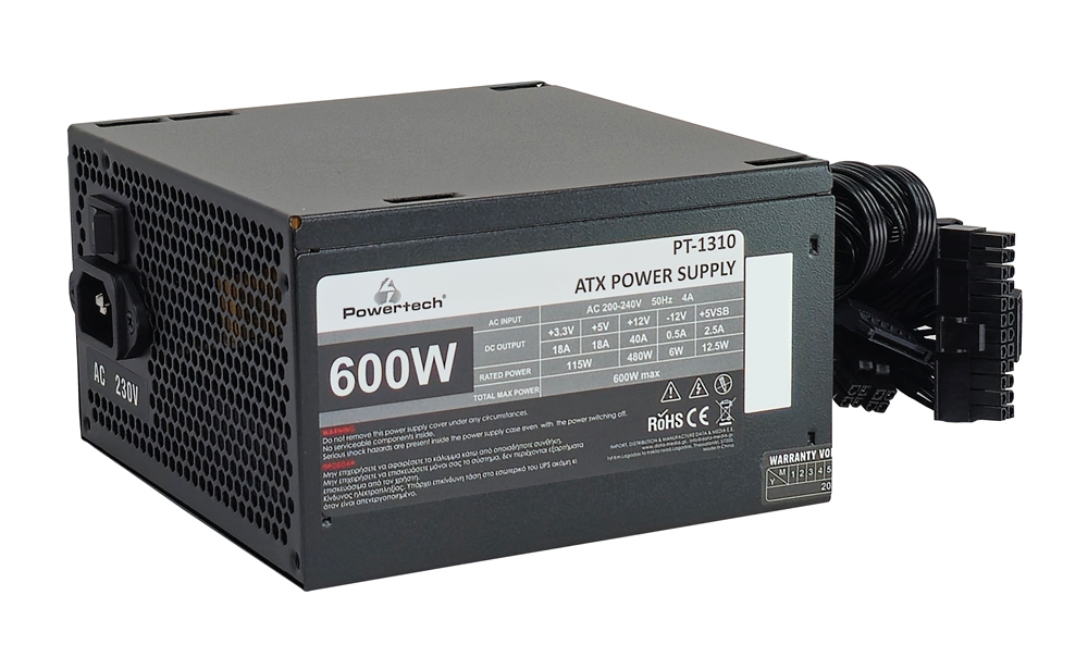 PT-1310 POWERTECH τροφοδοτικό PC PT-1310, 600W, ATX, 120mm Fan - 5210131102824 - Image 1