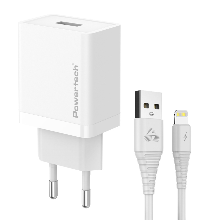 PT-1323 POWERTECH φορτιστής τοίχου PT-1323 με καλώδιο Lightning, USB, 12W, λευκός - 5210131108505 - Image 1