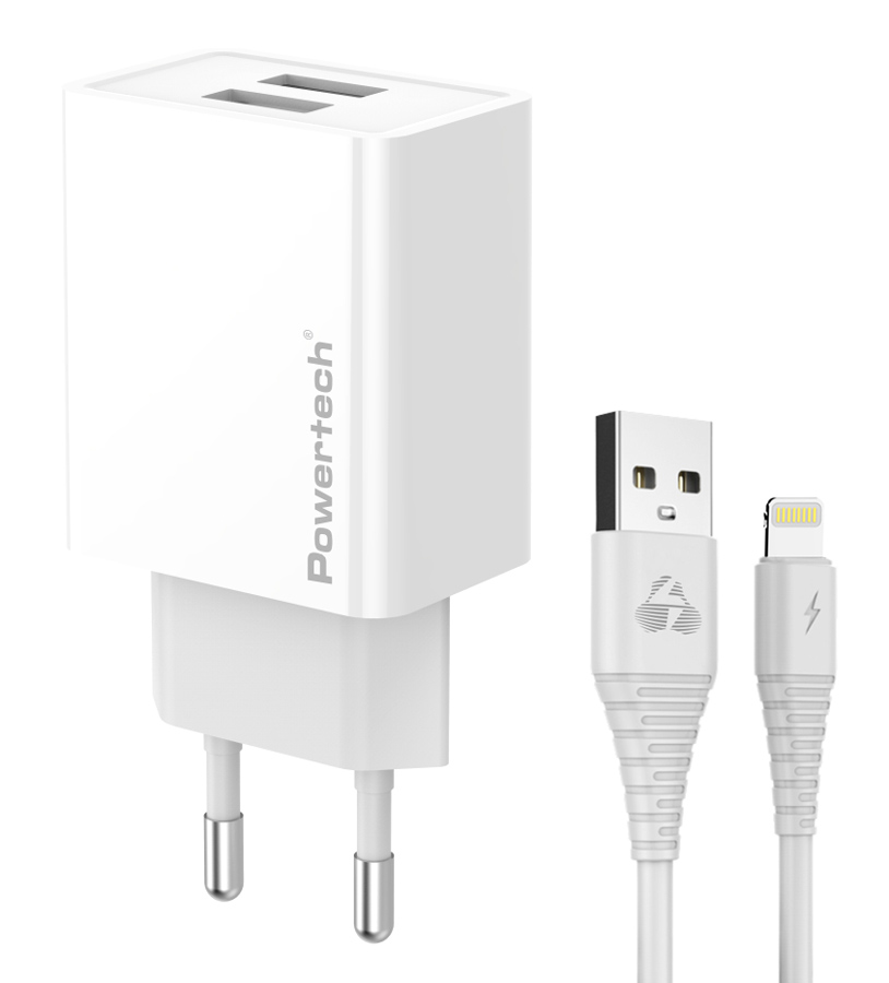 PT-1325 POWERTECH φορτιστής τοίχου PT-1325 με καλώδιο Lightning, 2x USB, 12W, λευκός - 5210131108529 - Image 1
