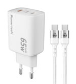 POWERTECH φορτιστής τοίχου PT-1415 με καλώδιο, USB/2x USB-C, 65W, GaN, λευκός - 5210131128763