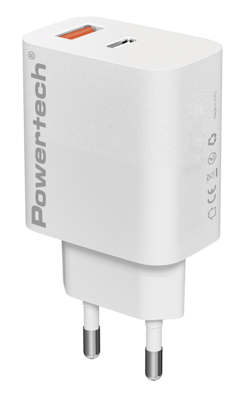 PT-1437 POWERTECH φορτιστής τοίχου PT-1437, USB/USB-C, 20W, GaN, λευκός - 5210131130353 - Image 1