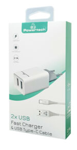 POWERTECH φορτιστής τοίχου PT-776 με καλώδιο USB-C, 2x USB, 2.1A, λευκό - 5210131009444 - Image 2
