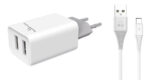 POWERTECH φορτιστής τοίχου PT-776 με καλώδιο USB-C, 2x USB, 2.1A, λευκό - 5210131009444