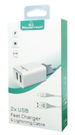 POWERTECH φορτιστής τοίχου PT-777, καλώδιο Lightning, 2x USB 2.1A, λευκό - 5210131009451 - Image 2