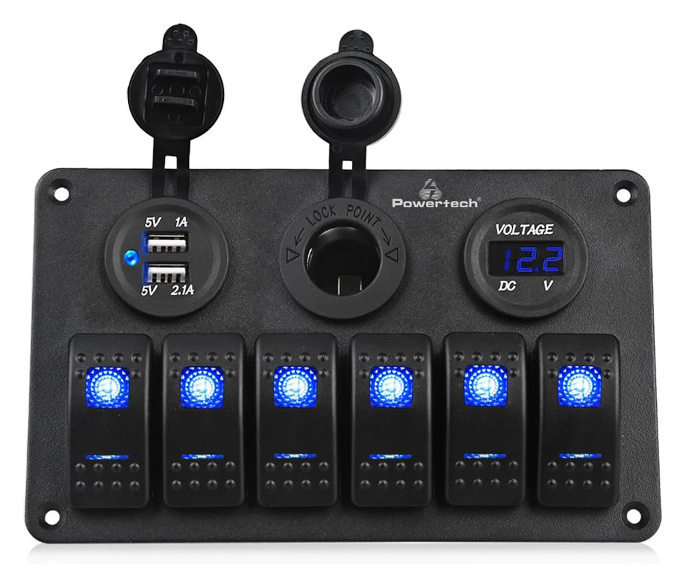 PTL-020 POWERTECH πάνελ σκαφών & οχημάτων PTL-020, πρίζα 12V/2x USB/6x διακόπτες - 5210131089903 - Image 1