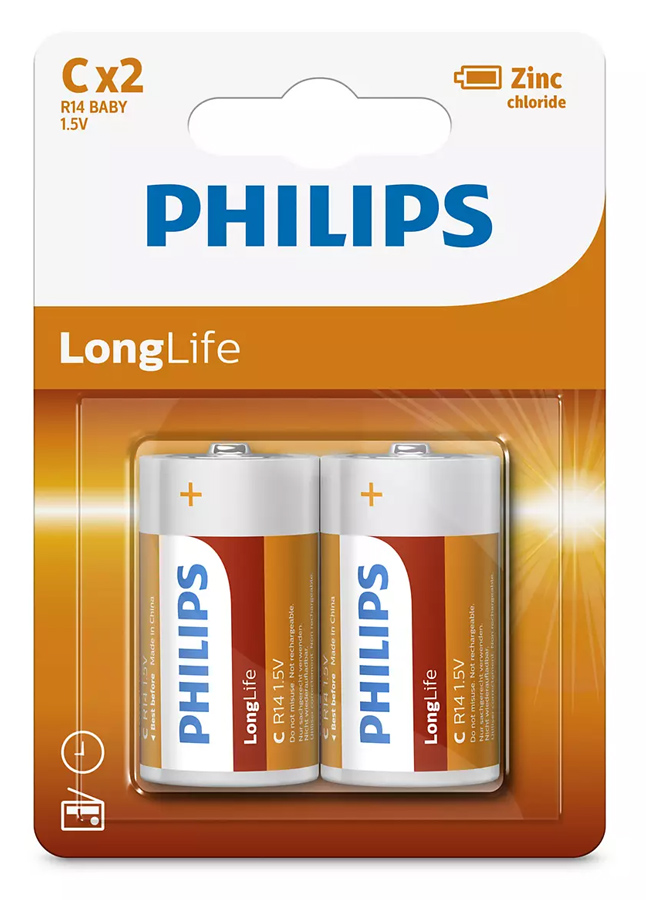 R14L2B-10 PHILIPS LongLife Zinc chloride μπαταρίες R14L2B/10, R14 1.5V, 2τμχ - 8712581549497 - Image 1