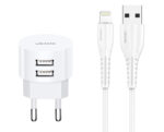 USAMS φορτιστής τοίχου T20 & καλώδιο Lightning, 2x USB, 2.1A, λευκός - 6958444981000