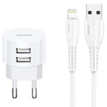 USAMS φορτιστής τοίχου T20 & καλώδιο Lightning, 2x USB, 2.1A, λευκός - 6958444981000