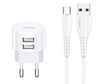 USAMS φορτιστής τοίχου T20 & καλώδιο type-C, 2x USB, 2.1A, λευκός - 6958444981024