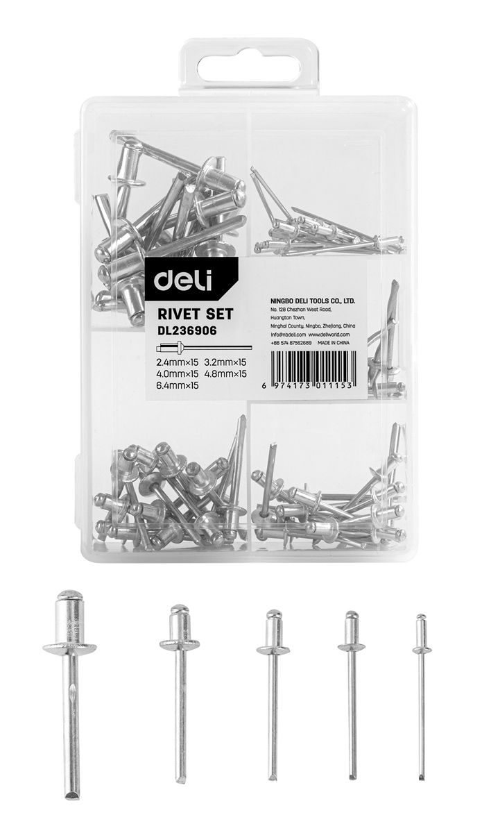 DL236906 DELI σετ πριτσίνια DL236906, χάλυβας άνθρακα, 2.4-6.4mm, 75τμχ - 6974173011153 - Image 1