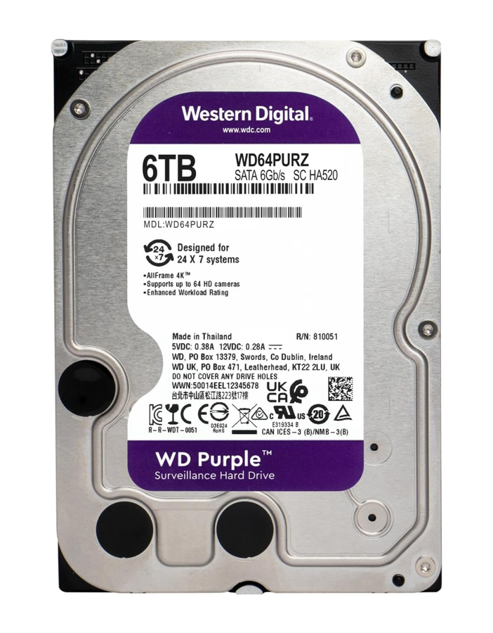 WD64PURZ WD σκληρός δίσκος 3.5" Purple Surveillance 6TB, 256MB, 5400RPM, SATA III - 5210131149836 - Image 1