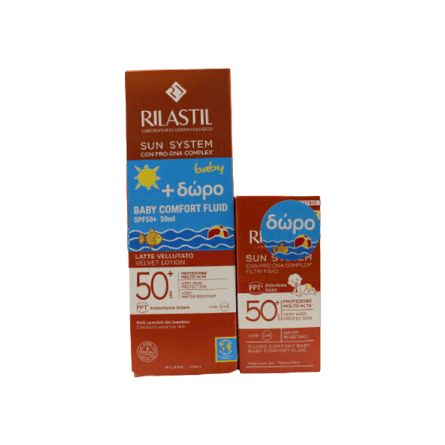 rilastil-baby-velvet-lotion-50-with-baby-comfort-fluid Rilastil Βρεφικό Αντηλιακό Γαλάκτωμα Sun System Baby Velvet SPF50+ 200ml & Δώρο Βρεφικό Αντηλιακό Baby Comfort Fluid SPF50+ 50ml - Image 1