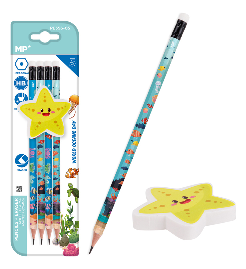 PE356-05 MP σετ ξύλινα μολύβια & γόμα World oceans day PPE356-05, εξάγωνα, HB, 5τμχ - 8435250939084 - Image 1