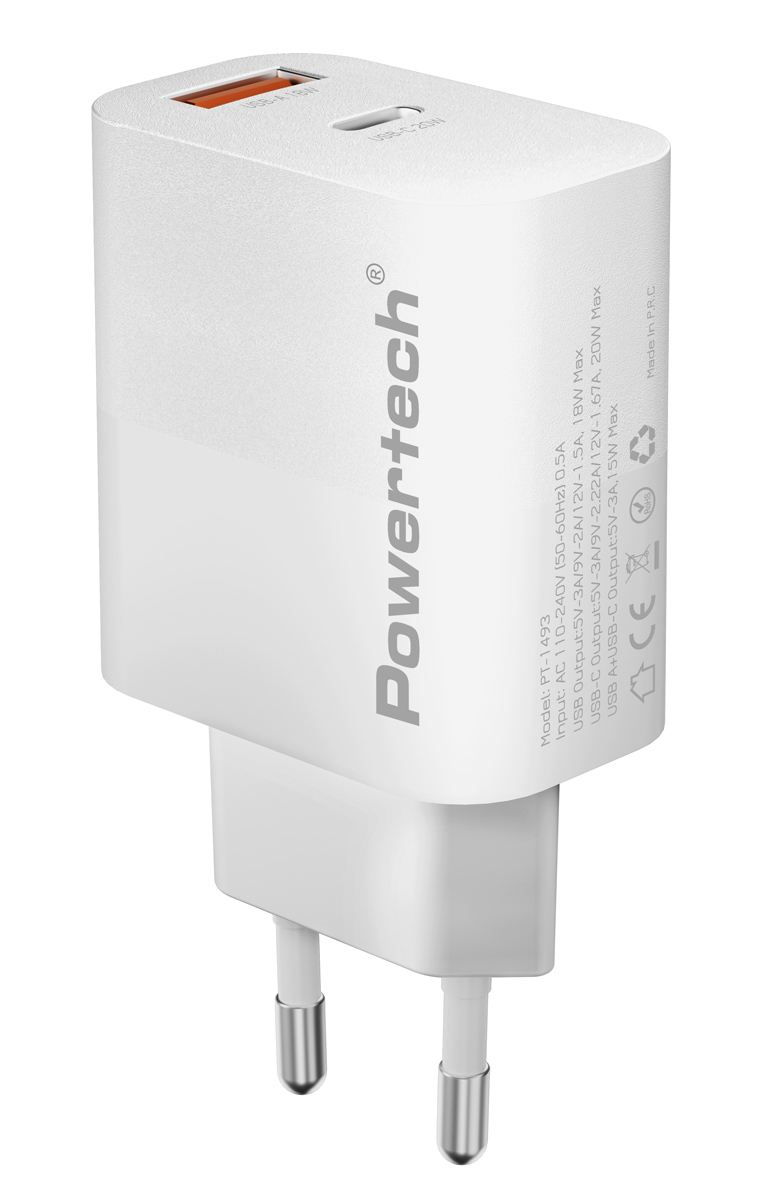 PT-1493 POWERTECH φορτιστής τοίχου PT-1493, USB/USB-C, 20W, λευκός - 5210131135808 - Image 1
