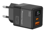 POWERTECH φορτιστής τοίχου PT-1499 με οθόνη, USB/USB-C, 35W, GaN, μαύρος - 5210131138274