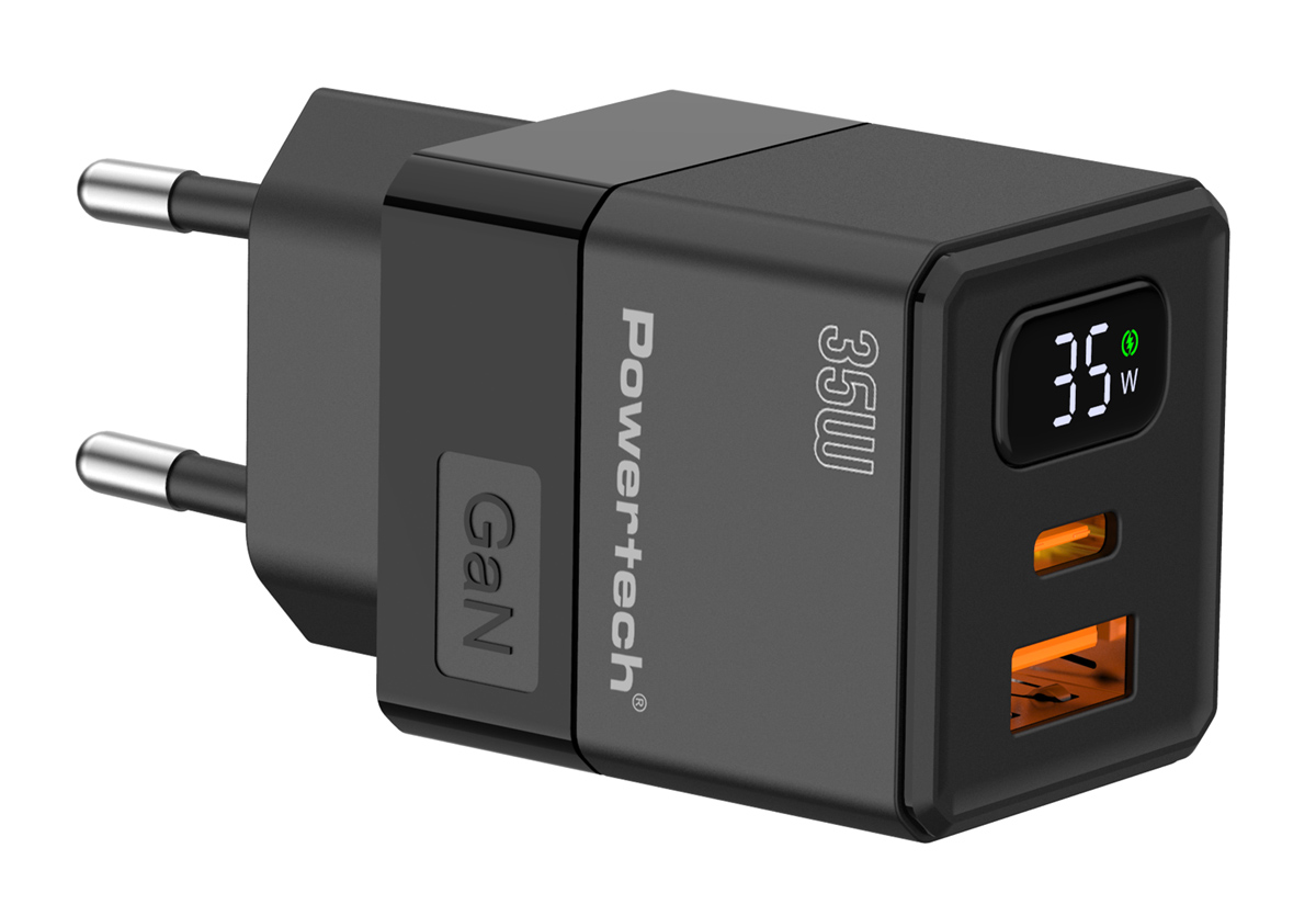 PT-1499 POWERTECH φορτιστής τοίχου PT-1499 με οθόνη, USB/USB-C, 35W, GaN, μαύρος - 5210131138274 - Image 1