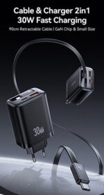 USAMS φορτιστής τοίχου CC296 με καλώδιο, USB & USB-C, 30W, μαύρος - 6958444993256 - Image 2