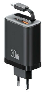 USAMS φορτιστής τοίχου CC296 με καλώδιο, USB & USB-C, 30W, μαύρος - 6958444993256