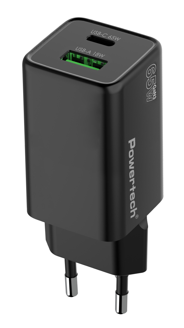 PT-1501-4 POWERTECH φορτιστής τοίχου PT-1501, USB/USB-C, 65W, GaN, μαύρος - 5210131140116 - Image 1
