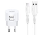 USAMS φορτιστής τοίχου T20 & καλώδιο Micro USB, 2x USB, 2.1A, λευκός - 6958444981017