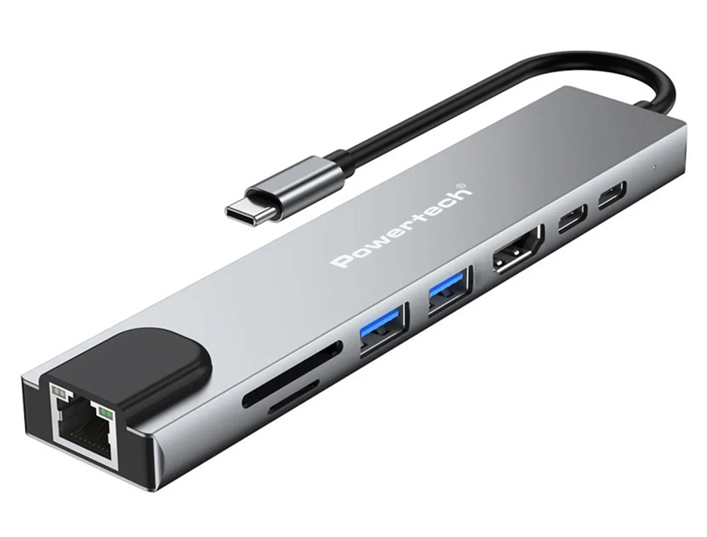 PT-1536 POWERTECH docking station PT-1536, 8 θυρών, USB-C σύνδεση, 87W PD, 100Mbps, γκρι - 5210131148457 - Image 1