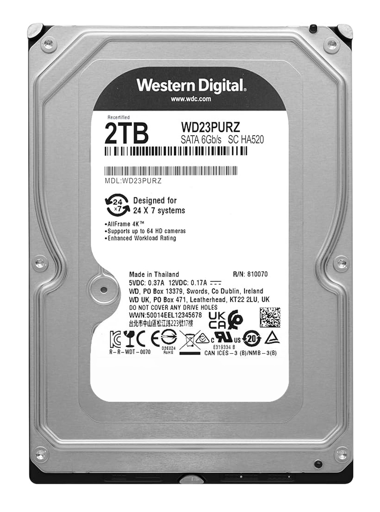 WD23PURZ-FR WD σκληρός δίσκος Purple Surveillance 3.5", 2TB, 64MB, 5400RPM, 6Gb/s, Factory Recertified - 5210131106679 - Image 1