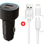 POWERTECH φορτιστής αυτοκινήτου με καλώδιο MFi USB σε micro USB/Lightning BNDL-0207, USB & USB-C, 85W, μαύρο/λευκό -