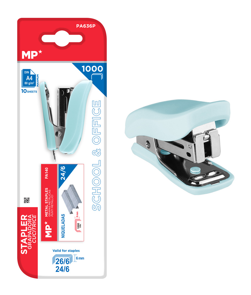 PA636P-CY MP mini συρραπτικό PA636P με ανταλλακτικά, 24/6 - 26/6, 10 φύλλα, γαλάζιο - 5210131163368 - Image 1