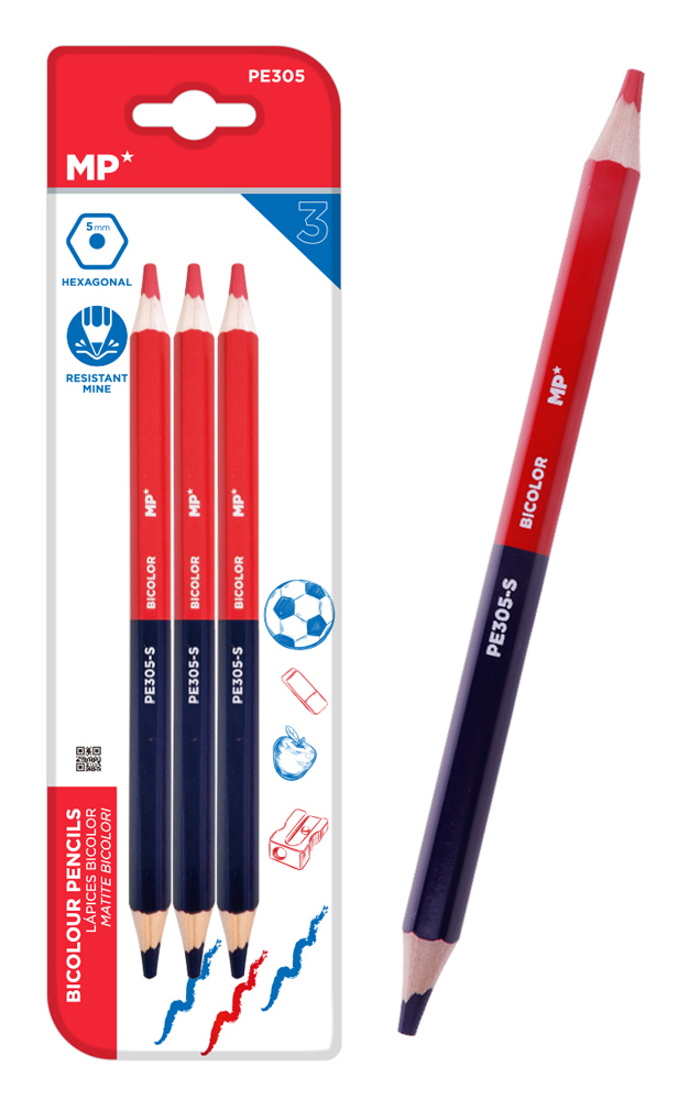 PE305 MP ξυλομπογιά με διπλή μύτη PE305, 5mm μύτη, εξάγωνο, μπλε/κόκκινο, 3τμχ - 8435464171959 - Image 1