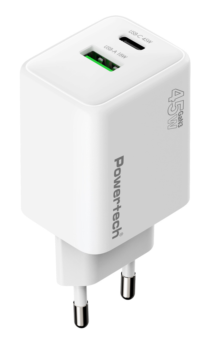 PT-1551-4 POWERTECH φορτιστής τοίχου PT-1551, USB/USB-C, 45W, GaN, AVS, λευκός - 5210131153130 - Image 1