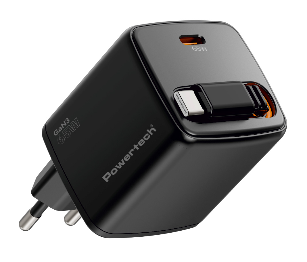 PT-1573 POWERTECH φορτιστής τοίχου PT-1573 με πτυσσόμενο καλώδιο, USB-C, 65W, GaN, μαύρος - 5210131157770 - Image 1