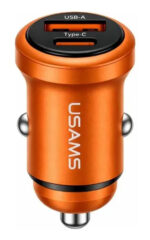 USAMS φορτιστής αυτοκινήτου CC322, USB & USB-C, 30W, πορτοκαλί - 6958444997322