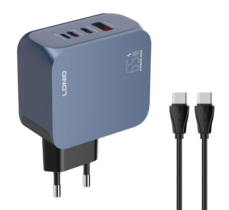6933138603840 LDNIO φορτιστής τοίχου Q7 με καλώδιο USB-C, USB/Lightning/2x USB-C, GaN, 65W, μπλε - 6933138603840 - Image 1