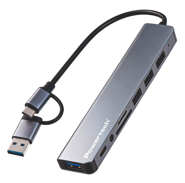 PTR-0205 POWERTECH USB hub PTR-0205 με card reader, 8 θυρών, USB & USB-C σύνδεση, γκρι - 5210131161500 - Image 1